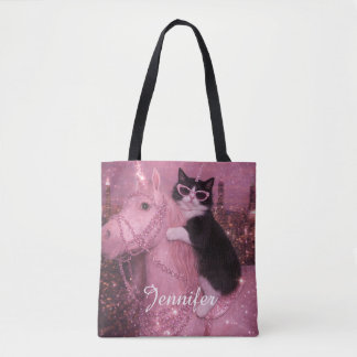 Bolsa Tote Gato Unicórnio Glamouroso Sob a Cidade Reluzente