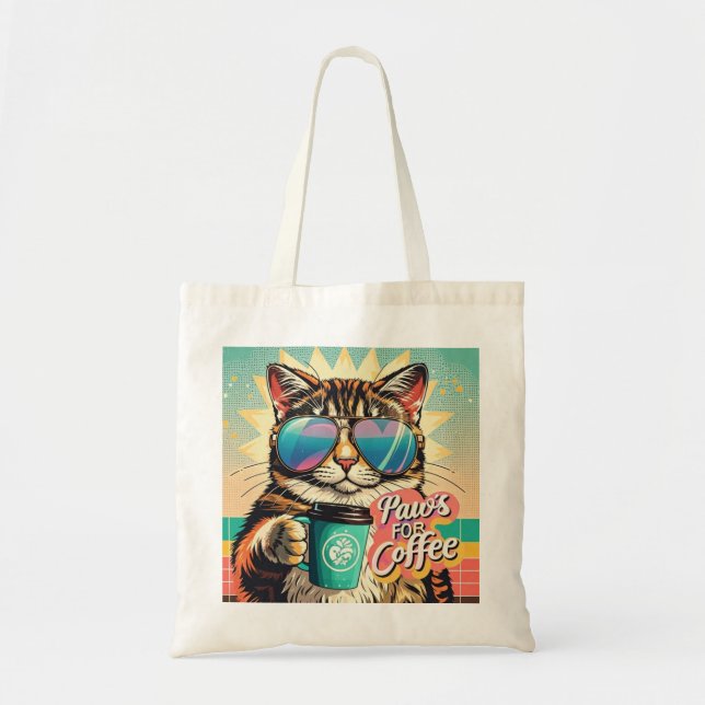 Bolsa Tote Gato vestindo óculos de sol enormes com café (Frente)