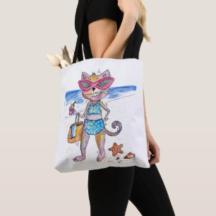 Bolsa Tote Gato Whimsical na Praia