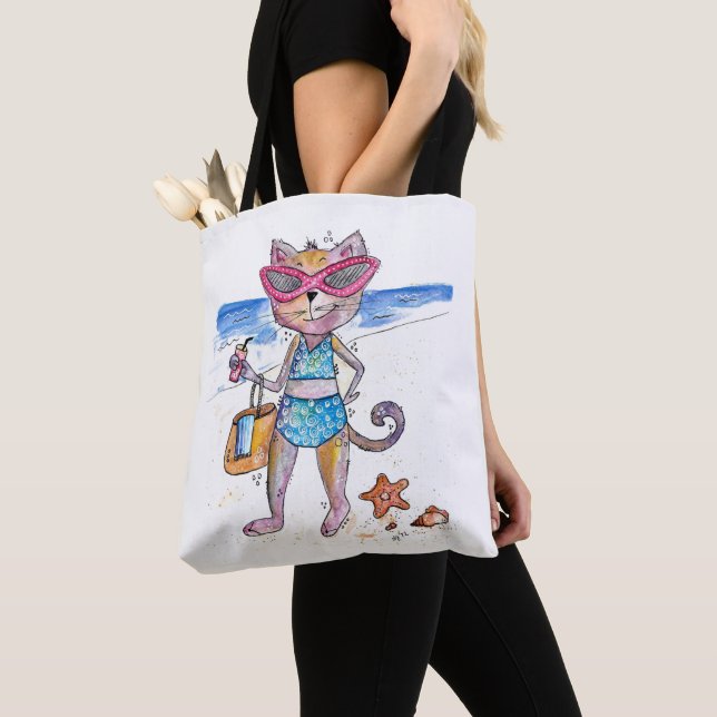 Bolsa Tote Gato Whimsical na Praia (Close Up)