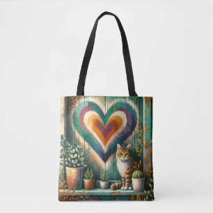 Bolsa Tote Gato Xadrez e Coração Desenho Artístico Colorido R