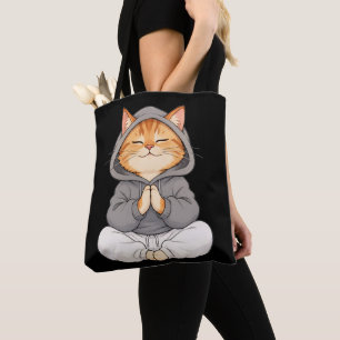 Bolsa Tote Gato Zen com Capuz – Gato de Desenho Animado Fofo