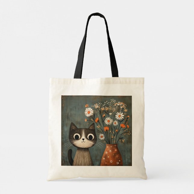 Bolsa Tote Gatos artísticos lindos com vasos e flores design (Verso)