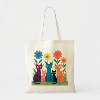 Bolsa Tote Gatos Caprichosos Coloridos em um Jardim de Flores