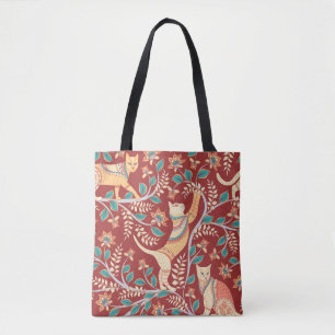 Bolsa Tote Gatos com ornamentos, ramos com flores e folhas