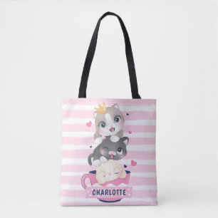 Bolsa Tote Gatos de Cartoon Cachorros Rosa Rasgados