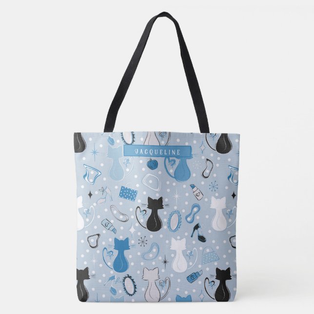 Bolsa Tote Gatos de Coração Azul do meio século (Frente)