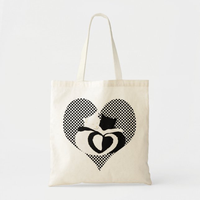 Bolsa Tote Gatos do Amor - caudas pretas e brancas, corações  (Frente)