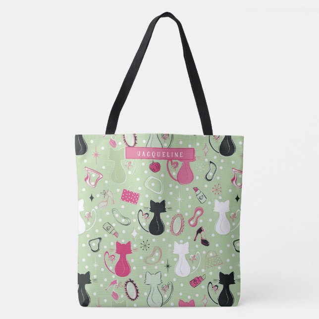 Bolsa Tote Gatos do Coração Verde do meio século (Frente)