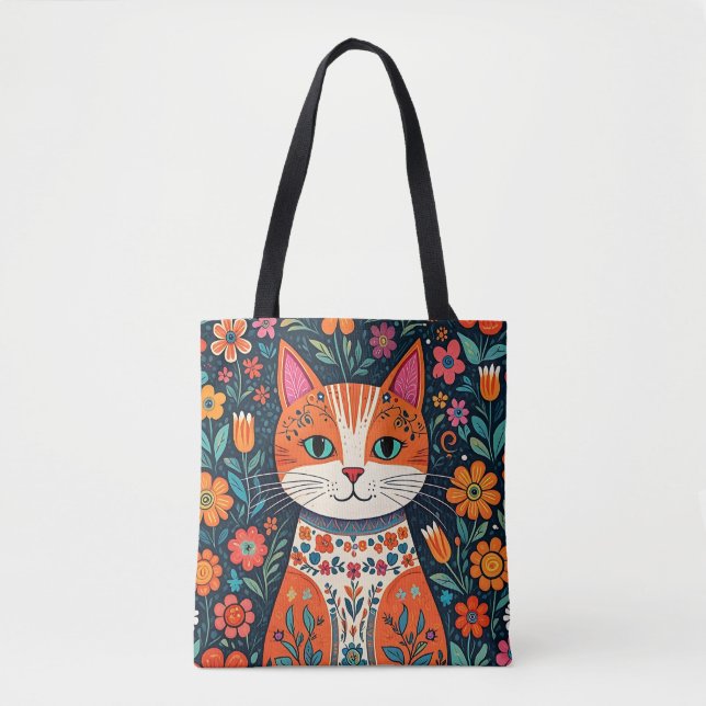 Bolsa Tote Gatos e Flores de Arte Folical Whimsical (Frente)