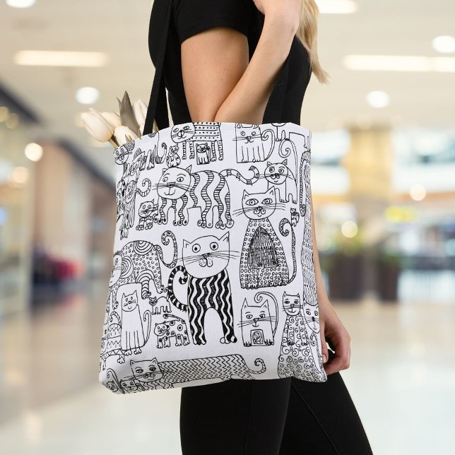 Bolsa Tote Gatos E Gatinhos Pretos e Brancos Modernos, Patent (Modern Black and White Cats And Kittens Patterned Tote Bag)