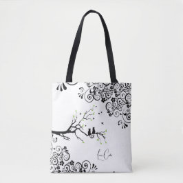 Bolsa Tote Gatos em uma Árvore Amor Coração Texto branco pret