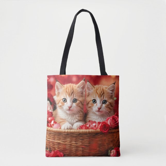 Bolsa Tote Gatos fofos em uma cesta de palha, (Frente)