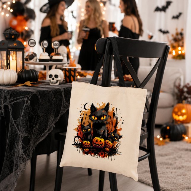 Bolsa Tote Gatos Pretos Assustadores com Abóboras de Hallowee (Criador carregado)