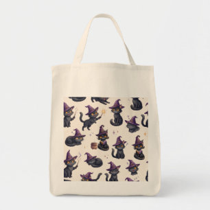 Bolsa Tote Gatos Pretos Bruxos Padrão Roxo de Halloween