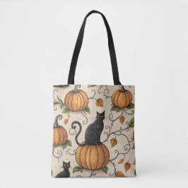 Bolsa Tote Gatos Pretos e Abóboras Padrão de Halloween