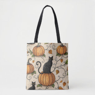 Bolsa Tote Gatos Pretos e Abóboras Padrão de Halloween