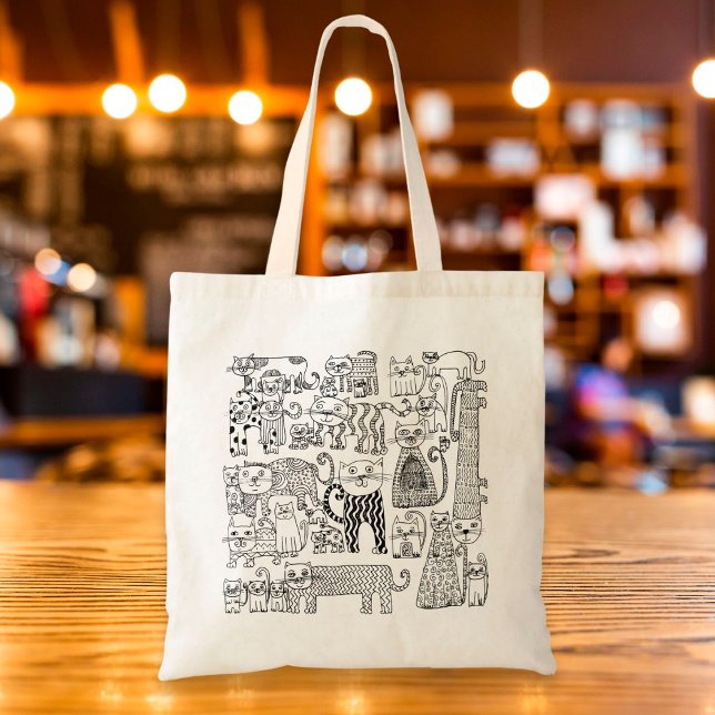 Bolsa Tote Gatos Pretos e Brancos Desenham Arte Moderna (Criador carregado)