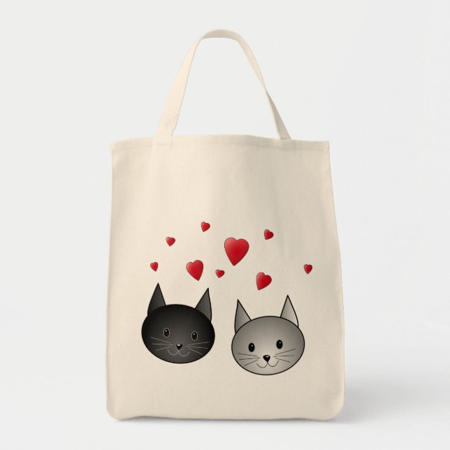 Bolsa Tote Gatos pretos e cinzentos bonitos, com corações (Frente)