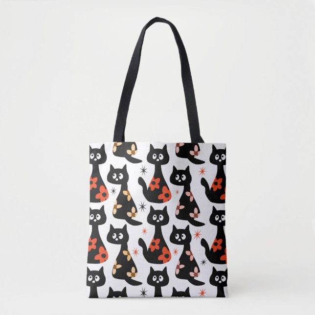Bolsa Tote Gatos Pretos Florais Retroativos (Brancos) (Frente)