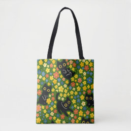 Bolsa Tote Gatos Pretos Fofos Padrão de Prado Floral