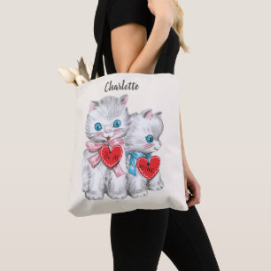 Bolsa Tote Gatos retrô do Dia dos Namorados, gatinhos fofos v