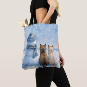 Bolsa Tote Gatos Sentados Com um Boneco de Neve Em um Campo