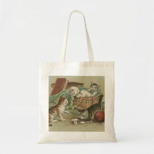 Bolsa Tote Gatos Vitorianos Antigos Brincando na Cesta de Cos