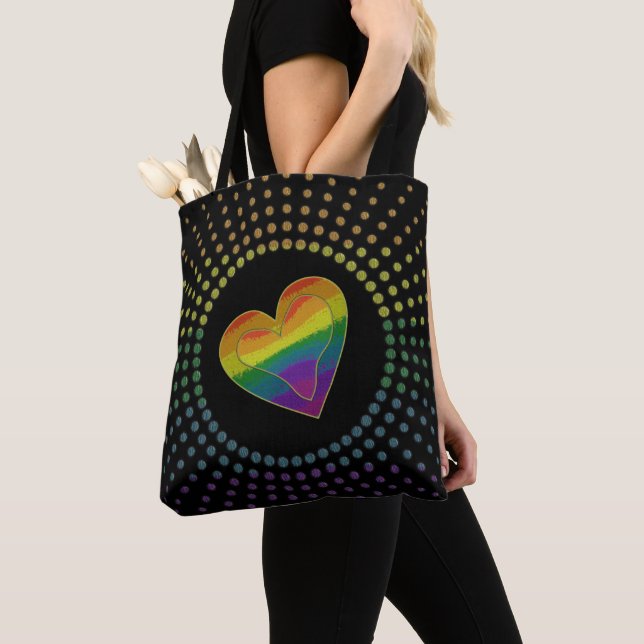 Bolsa Tote Gay LGBTQ Pride Month Love Rainbow Heart Dots (Close Up)