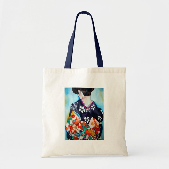 Bolsa Tote Geisha japonesa com arte original quimono azul (Frente)