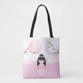 Bolsa Tote Geisha Kokeshi Doll on Typical Japanese Landscape