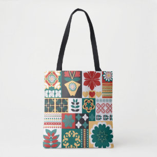 Bolsa Tote Geométrico Mexicano: Ornamento Verde Vermelho.