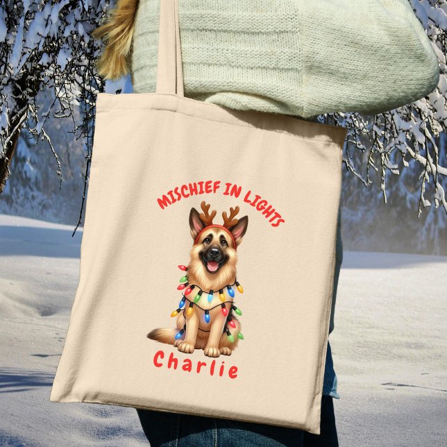 Bolsa Tote German shepherd de Aquarela das Luzes de Natal Bon (Carry festive cheer with this custom fun German Shepherd tote bag. A perfect gift for dog lovers.)