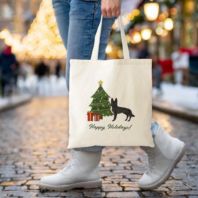 Bolsa Tote German shepherd Preto E Árvore De Natal Verde (Please note: This image is a digital mockup. The product may not be in scale.)