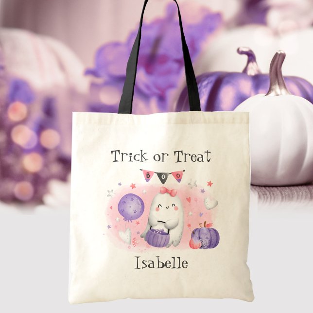 Bolsa Tote Ghost ou Nome do Halloween de Tratamento, Ghost Cu (Cute Little Boo Pink Trick or Treat Halloween Tote Bag)