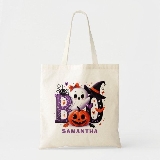 Bolsa Tote Ghost Pumpkin Personalizável do Halloween Boo (Frente)