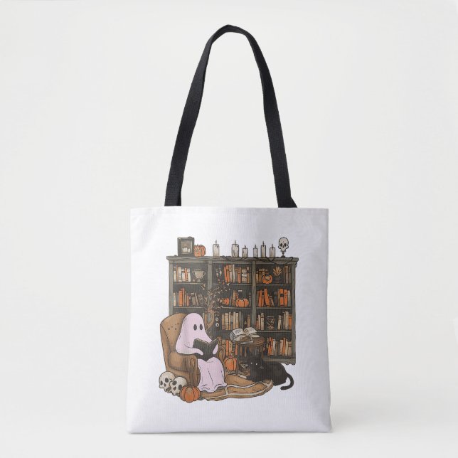 Bolsa Tote Ghost Reading Book Cat lover Halloween (Frente)