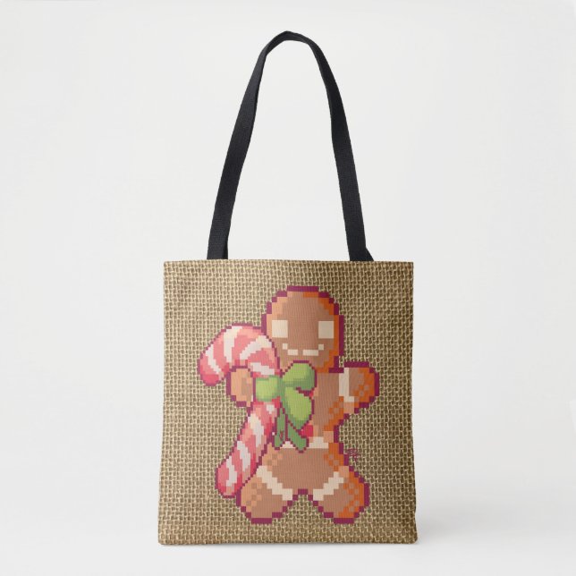 Bolsa Tote Gingerbread man, Santa, Christmas, Pixel Art (Frente)
