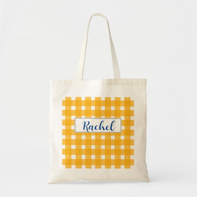 Bolsa Tote Gingham Branco Amarelo Personalizado (Frente)