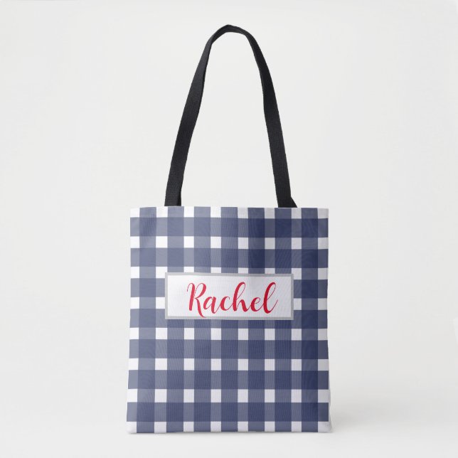 Bolsa Tote Gingham Branco Azul Personalizado (Frente)