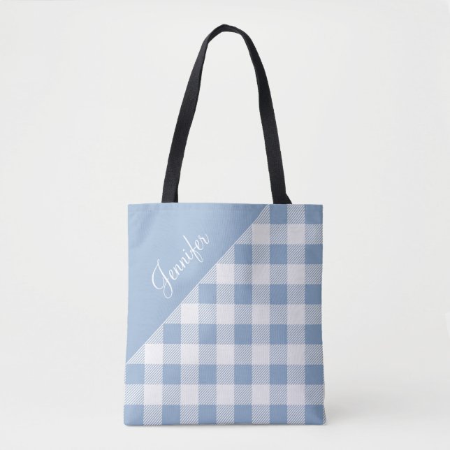 Bolsa Tote Gingham de Verificação Azul Moderno Personalizado (Frente)