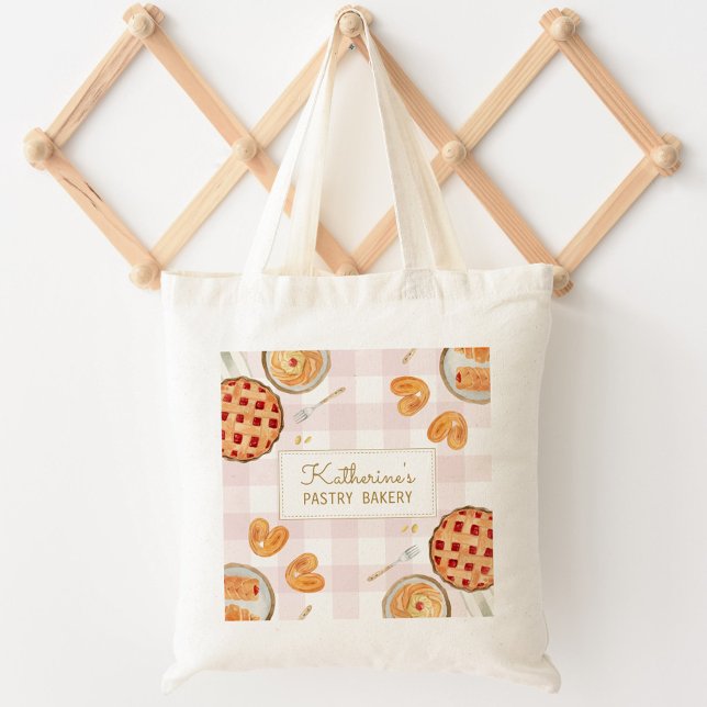 Bolsa Tote Gingham Pattern Watercolor Pastris Baking Bakery (In situ)