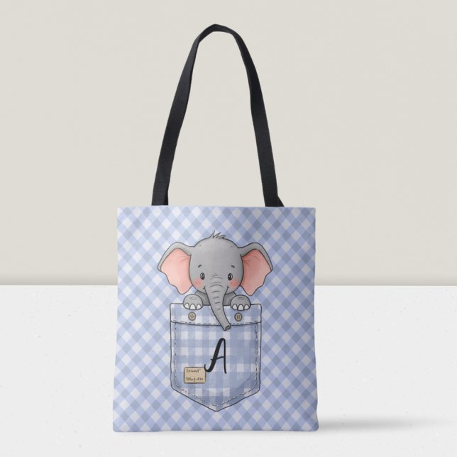 Bolsa Tote Gingham Pocket de Elefante Fofo (Criador carregado)