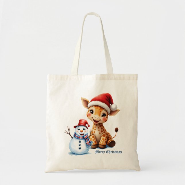 Bolsa Tote Girafa de Cartoon Bonita com Santa Hat e Snowman (Frente)