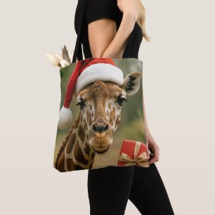 Bolsa Tote Girafa de Natal Com Presente de Feriado