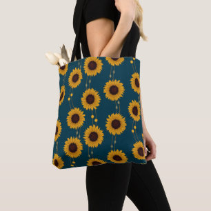 Bolsa Tote Girassóis Amarelos Art Nouveau Floral Rétro Listra