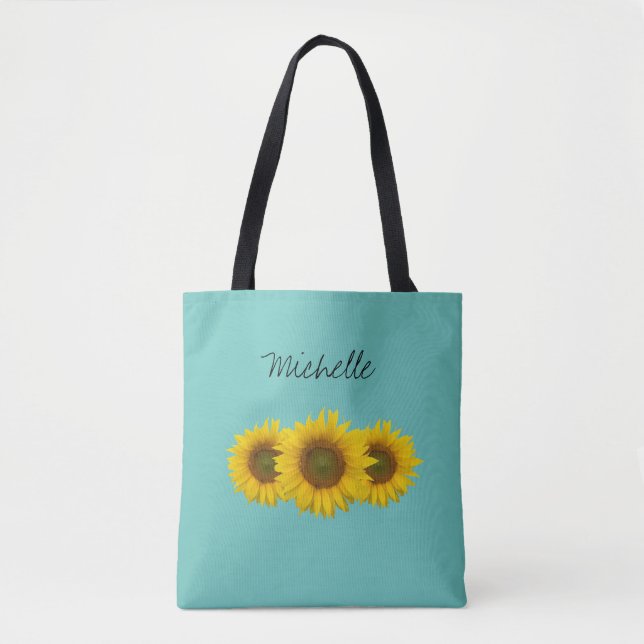 Bolsa Tote Girassóis Amarelos Verde Teal Personalizado (Frente)
