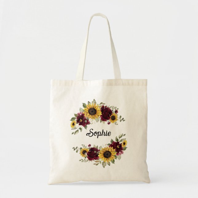 Bolsa Tote Girassóis Borgonha Verde Floral Personalizado (Frente)