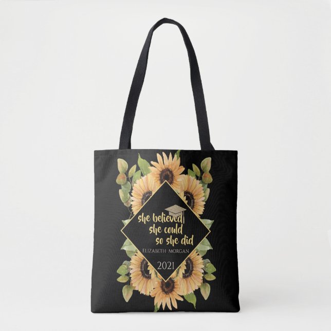 Bolsa Tote Girassóis Brilham na Capa de Graduada  (Frente)
