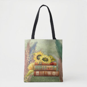 Bolsa Tote Girassóis de Outono em Livros Empilhados